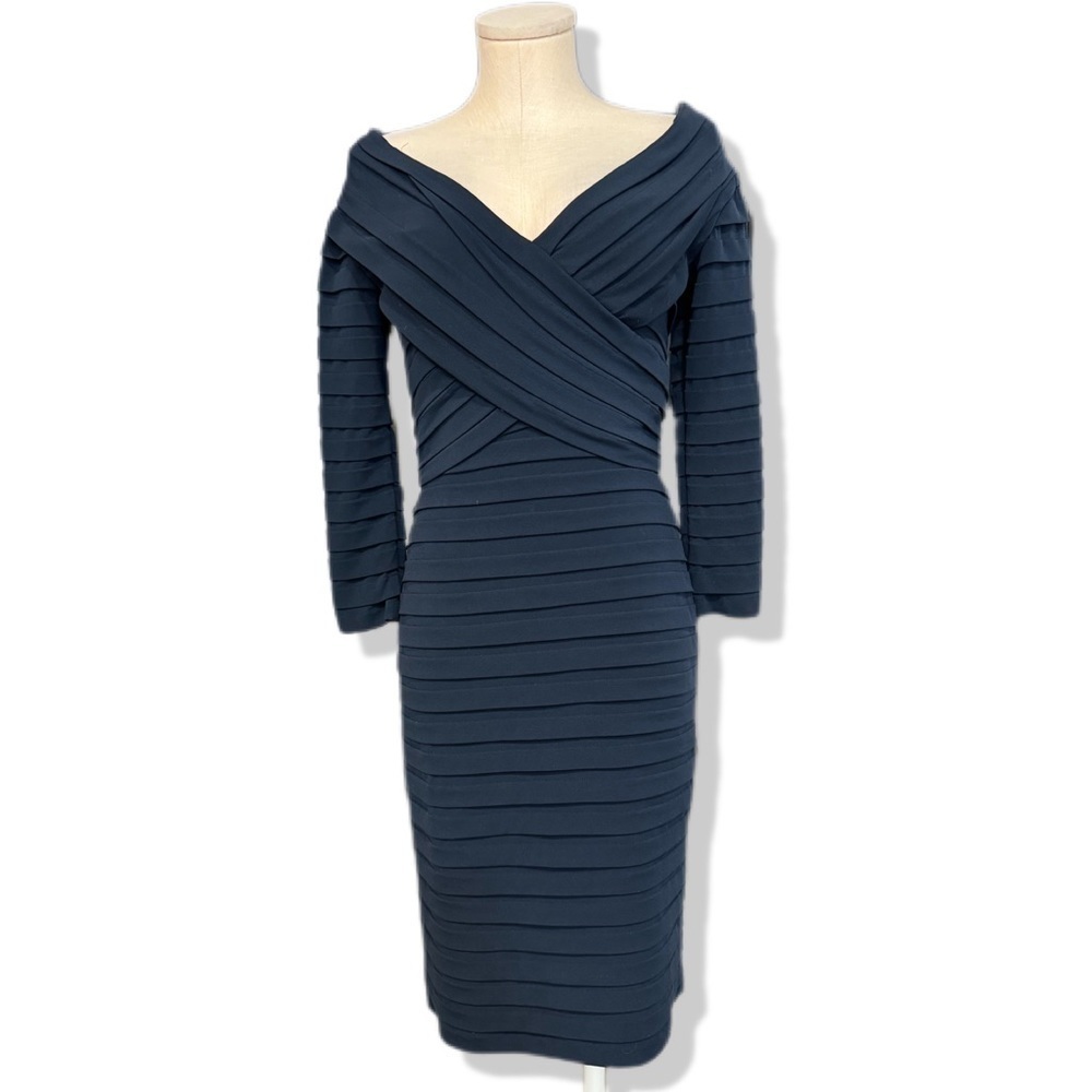 TADASHI SHOJI  collection navy bandage style midi dress with wide v neckline